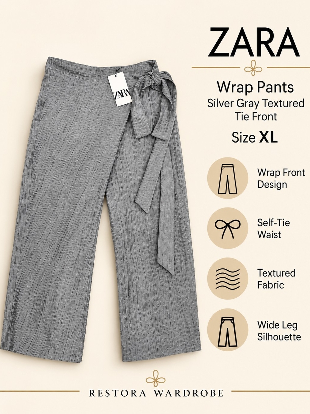 Zara Wrap Pants Silver Gray Textured Tie Front Chic Size XL